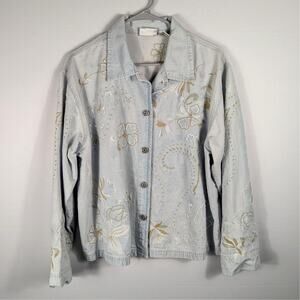 Chico’s Design Size 2 Embroidered Denim Jacket Floral Light Wash Button Women